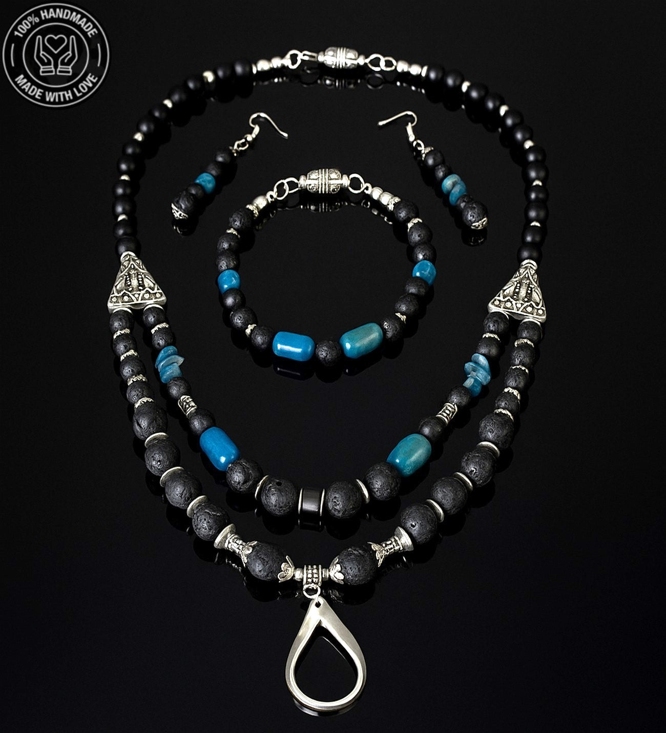 Lav Taşı Mavi Akik Iletişim Ve Denge Takı Seti