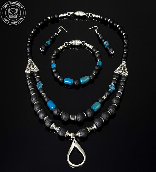 Lav Taşı Mavi Akik Iletişim Ve Denge Takı Seti