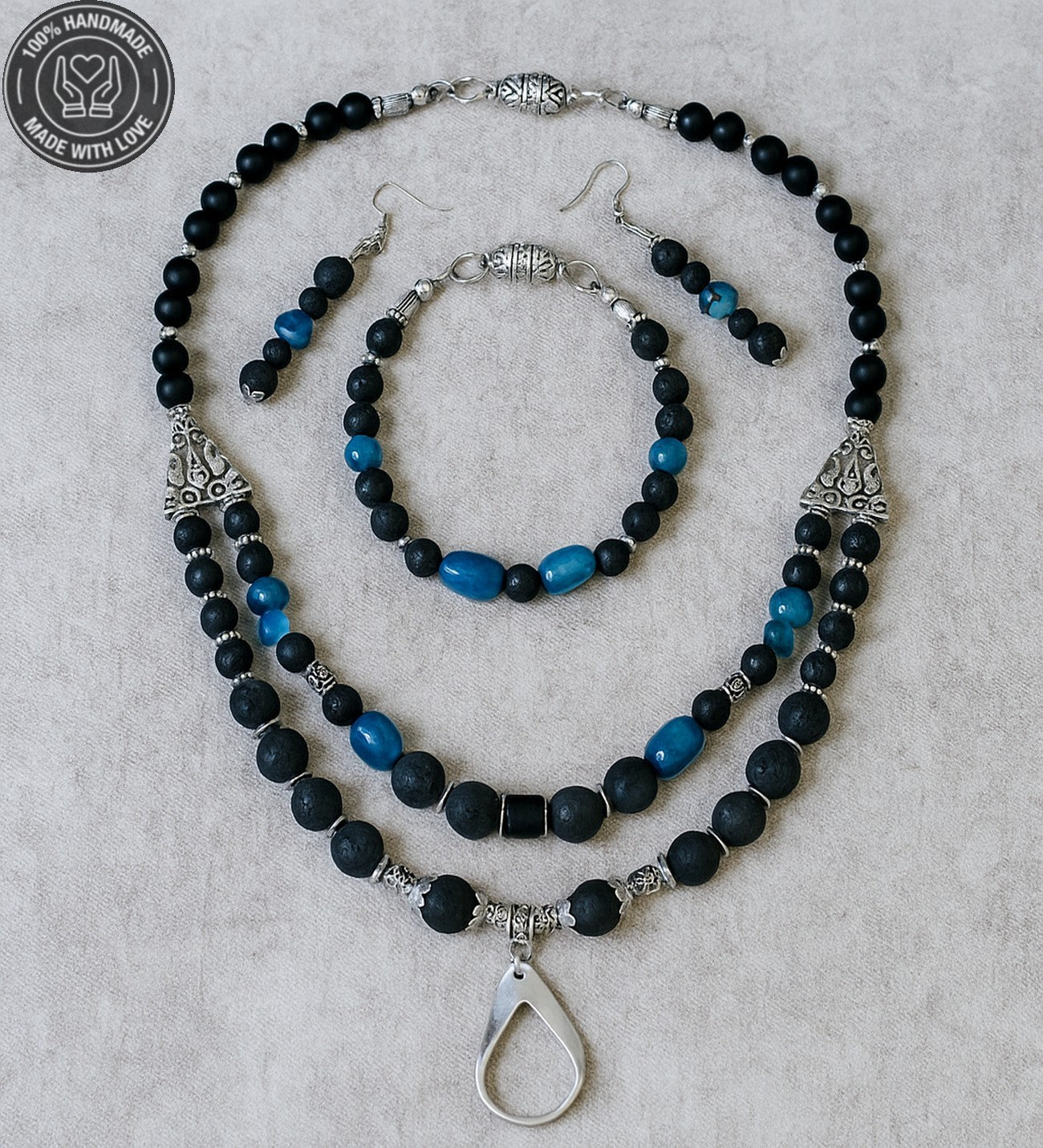 Lav Taşı Mavi Akik Iletişim Ve Denge Takı Seti