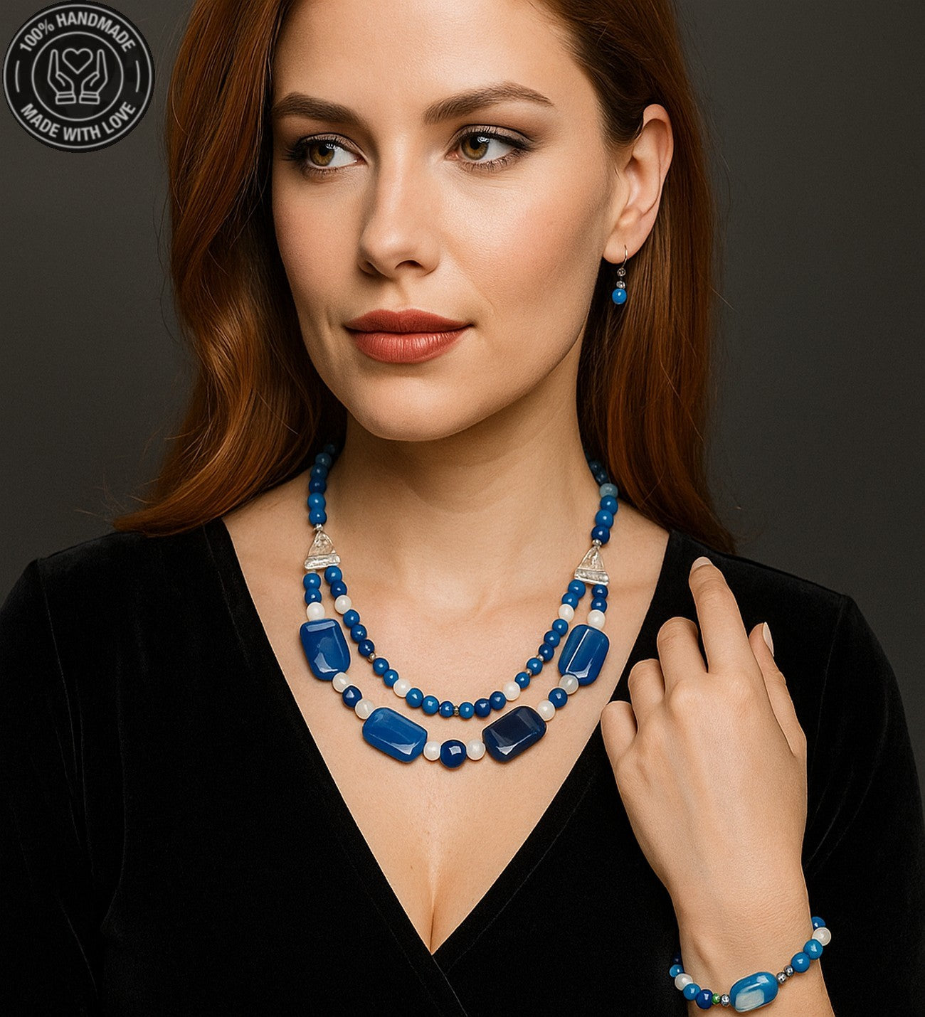 Mavi Akik Kolye Bileklik Seti