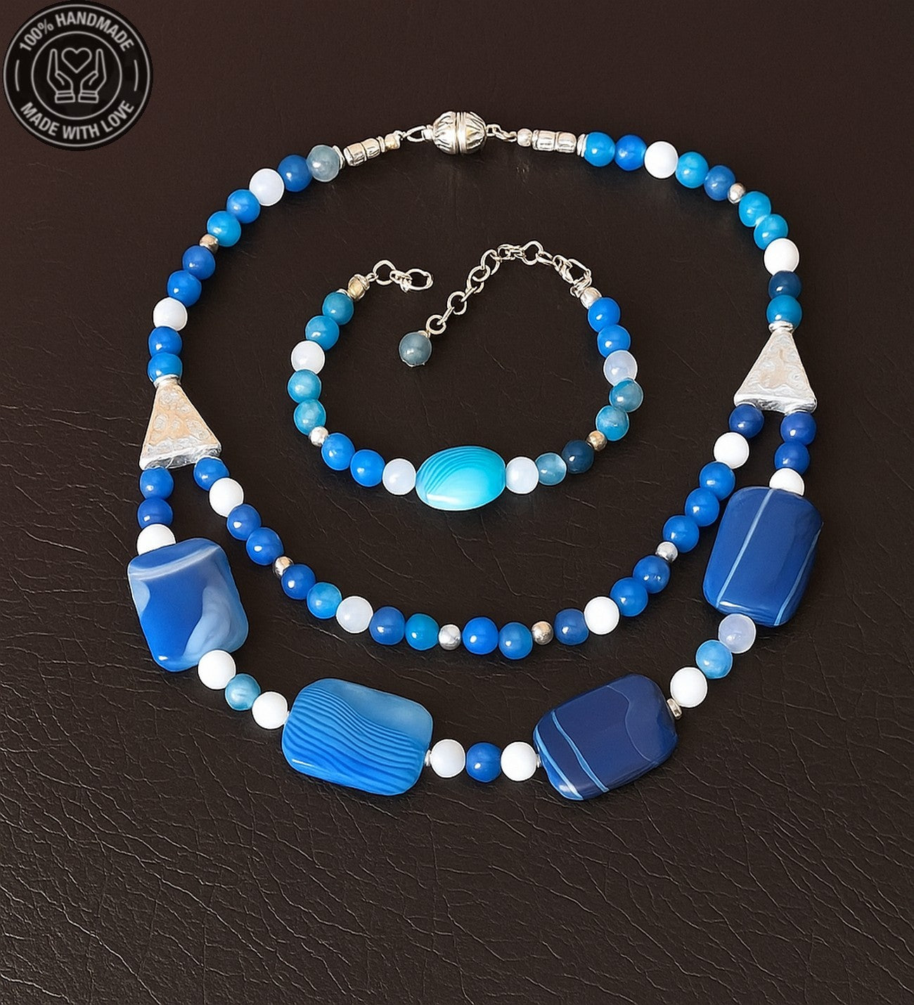 Mavi Akik Kolye Bileklik Seti