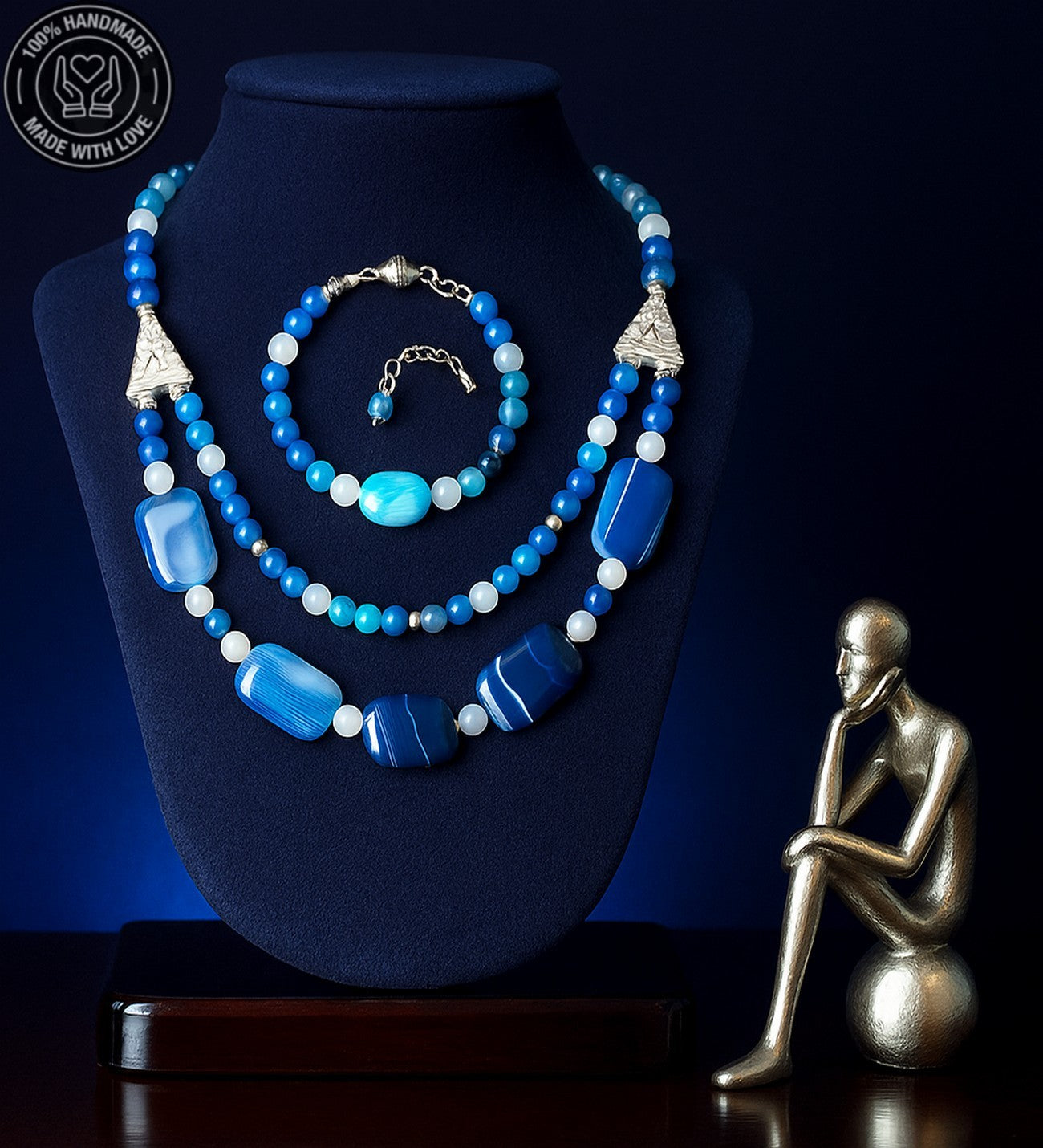 Mavi Akik Kolye Bileklik Seti