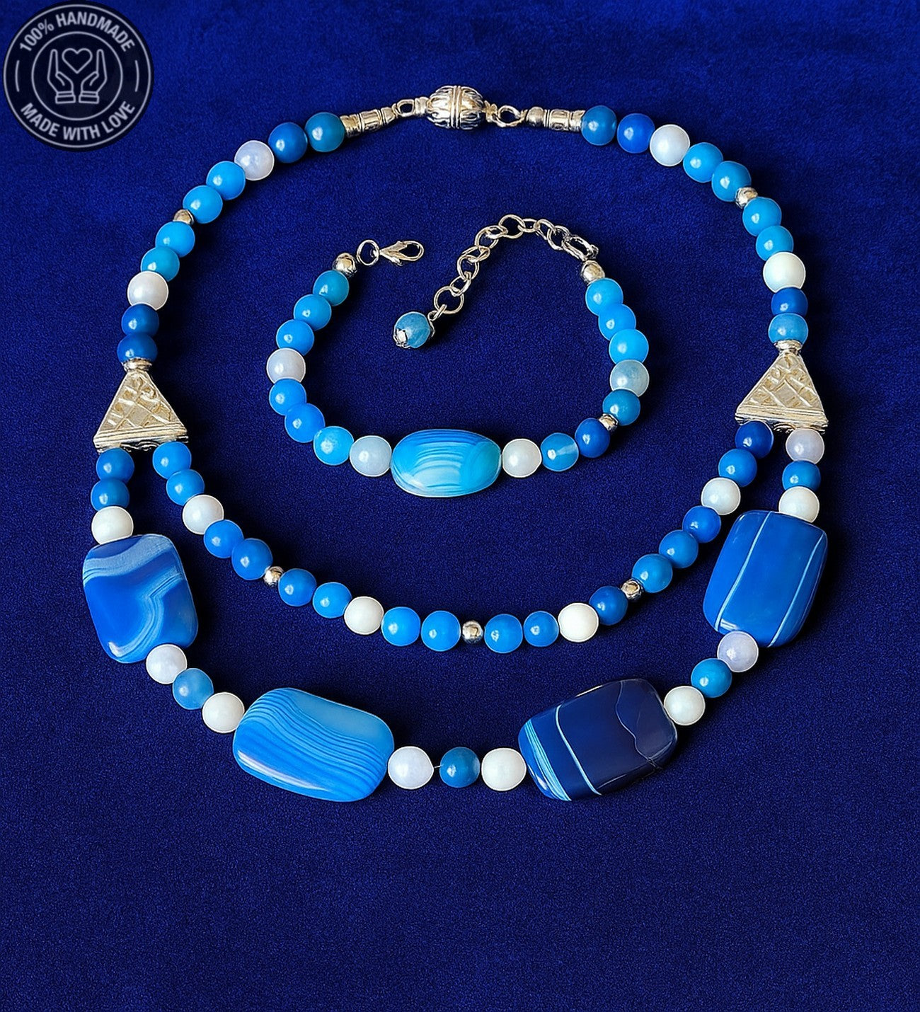 Mavi Akik Kolye Bileklik Seti