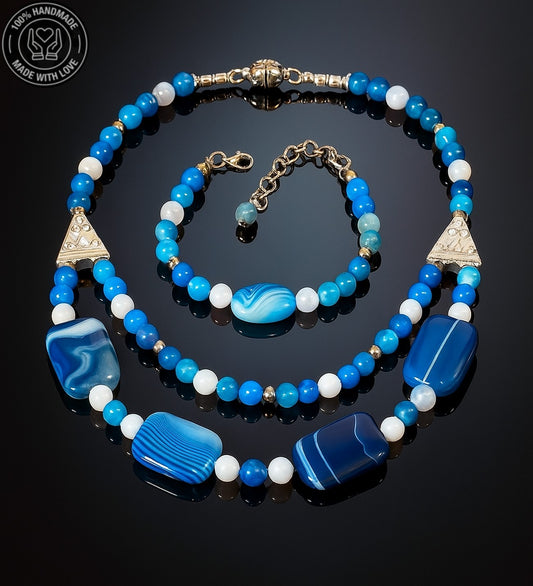 Mavi Akik Kolye Bileklik Seti