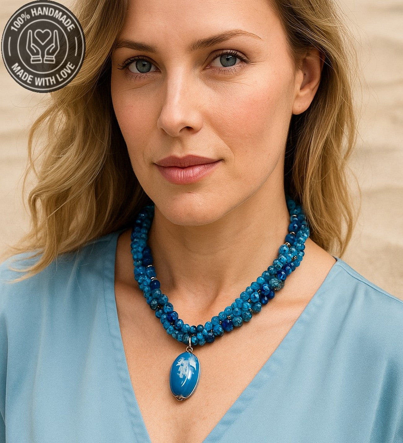 Mavi Akik Mavi Jasper Mavi Kristal Üç Sıralı Tutku, Nazardan Koruma Ve Enerji Kolyesi