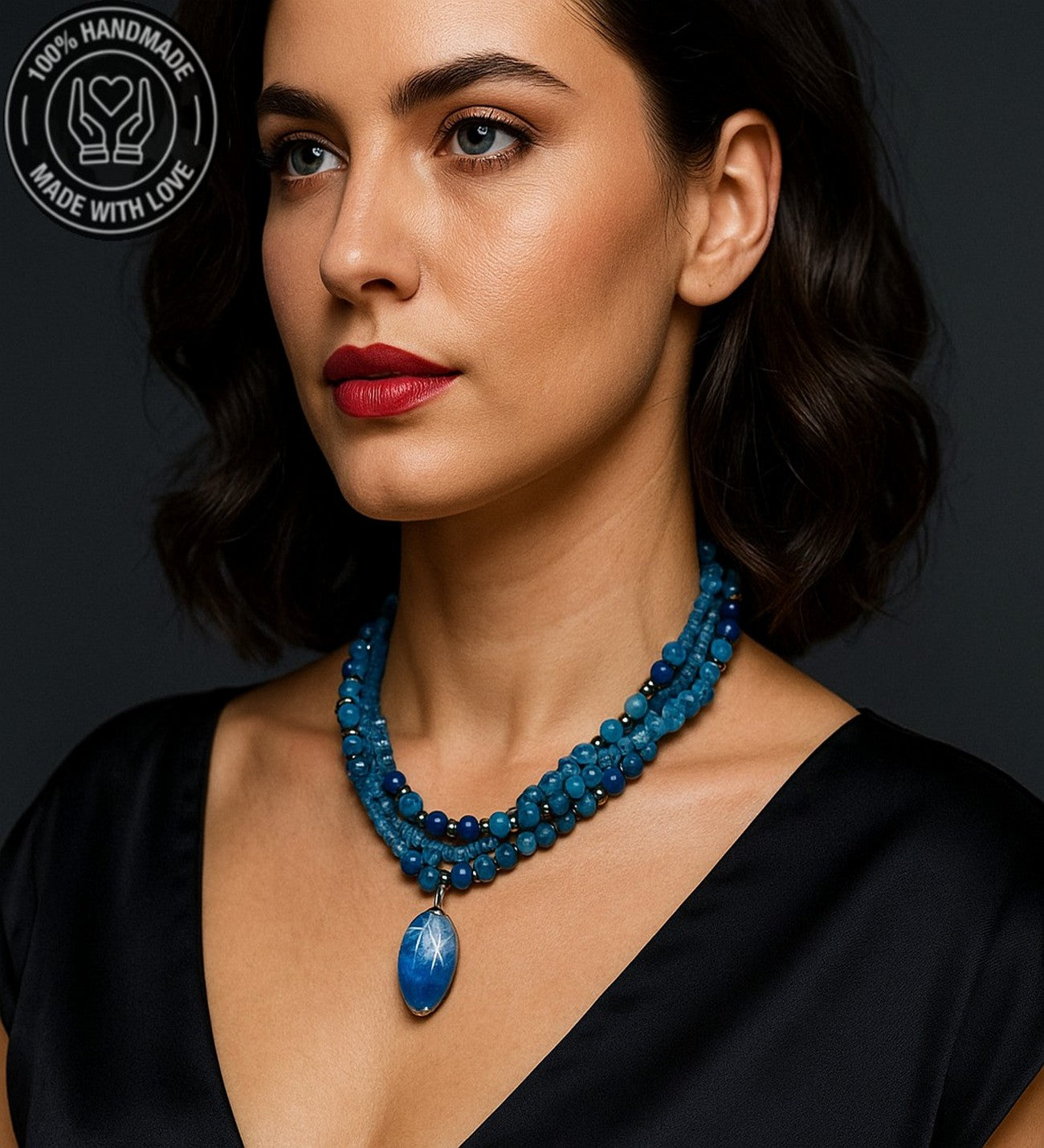 Mavi Akik Mavi Jasper Mavi Kristal Üç Sıralı Tutku, Nazardan Koruma Ve Enerji Kolyesi