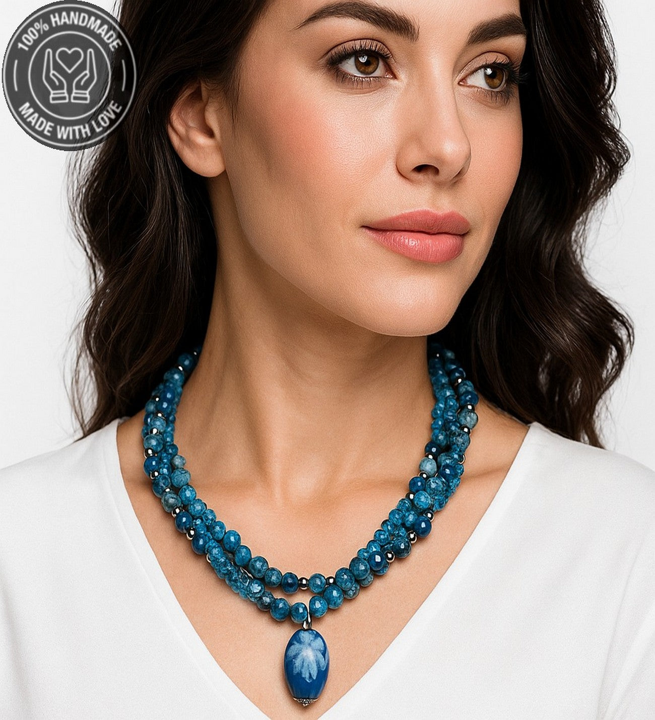 Mavi Akik Mavi Jasper Mavi Kristal Üç Sıralı Tutku, Nazardan Koruma Ve Enerji Kolyesi