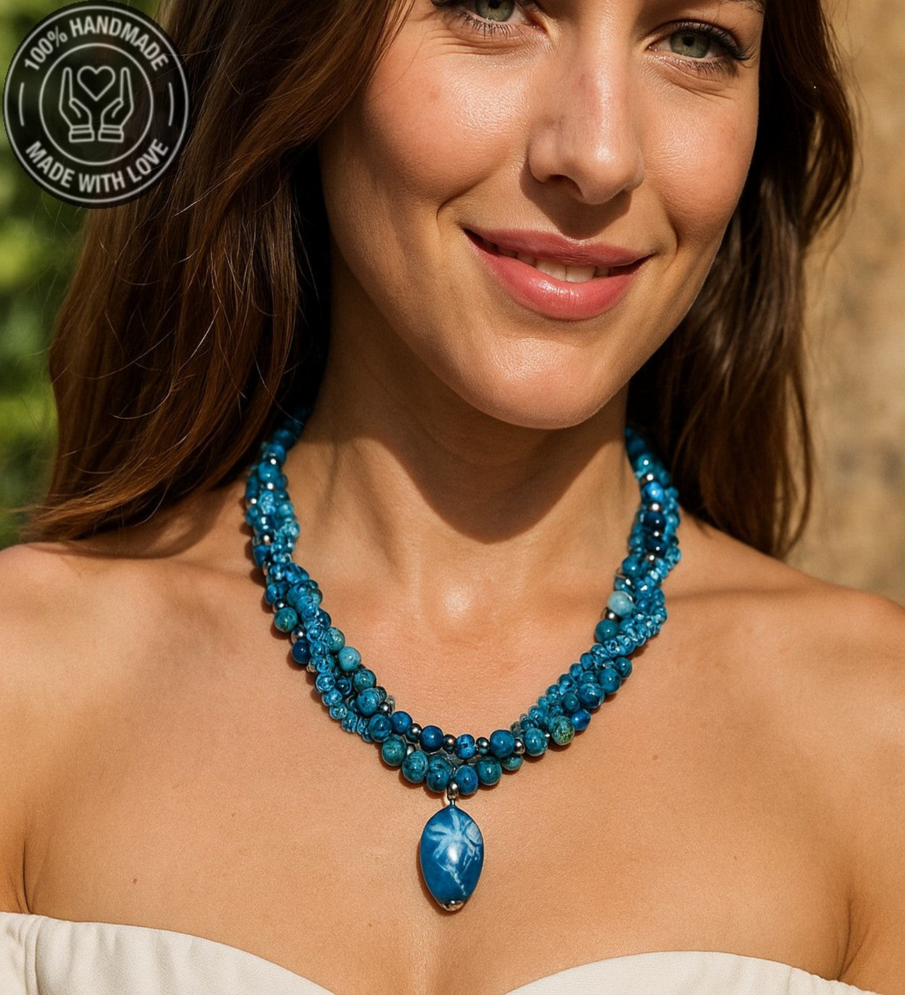 Mavi Akik Mavi Jasper Mavi Kristal Üç Sıralı Tutku, Nazardan Koruma Ve Enerji Kolyesi