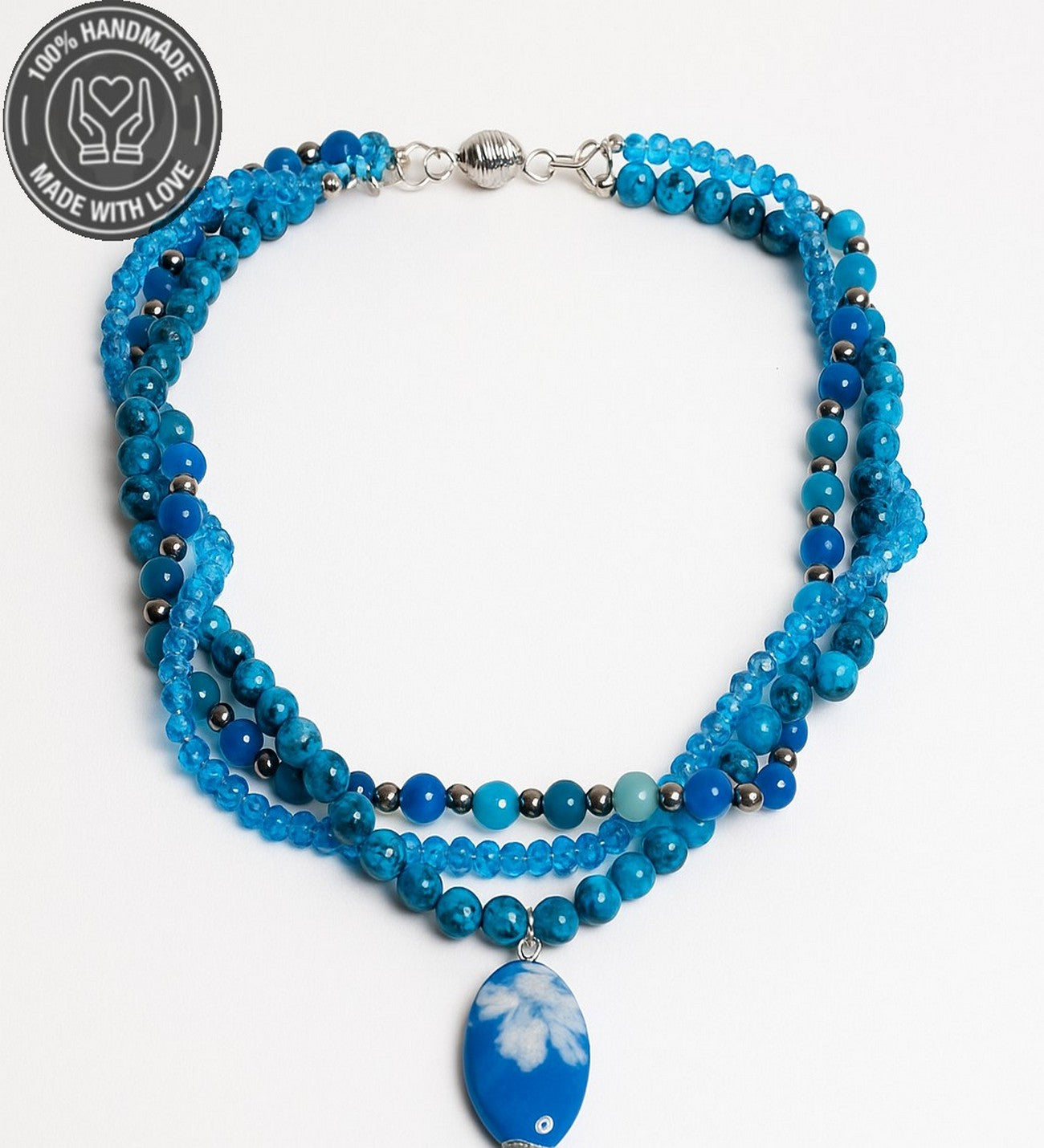 Mavi Akik Mavi Jasper Mavi Kristal Üç Sıralı Tutku, Nazardan Koruma Ve Enerji Kolyesi