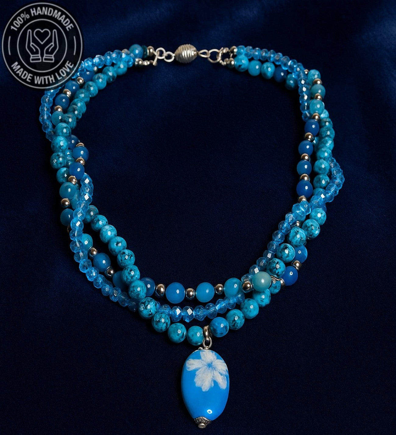 Mavi Akik Mavi Jasper Mavi Kristal Üç Sıralı Tutku, Nazardan Koruma Ve Enerji Kolyesi