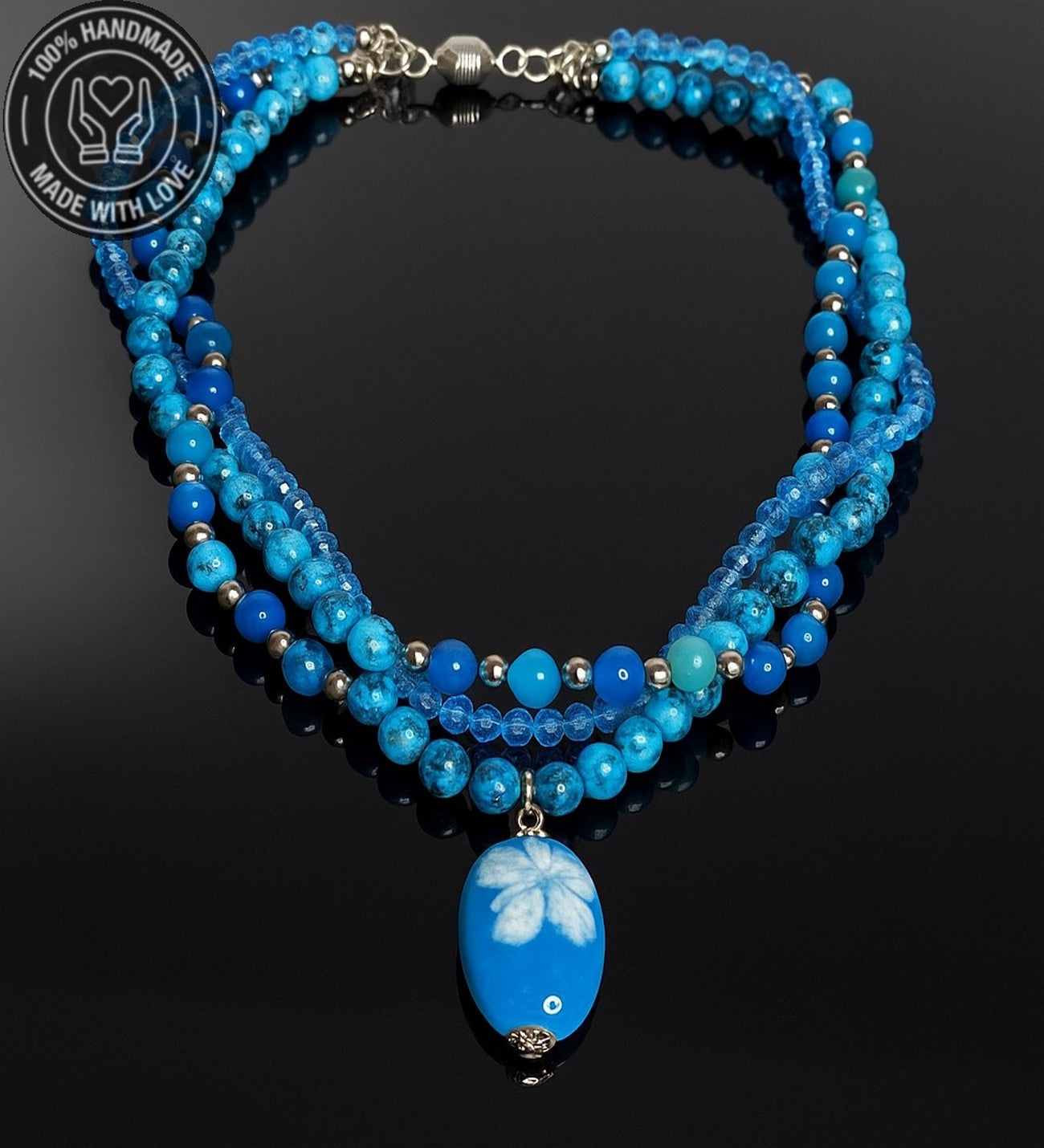 Mavi Akik Mavi Jasper Mavi Kristal Üç Sıralı Tutku, Nazardan Koruma Ve Enerji Kolyesi