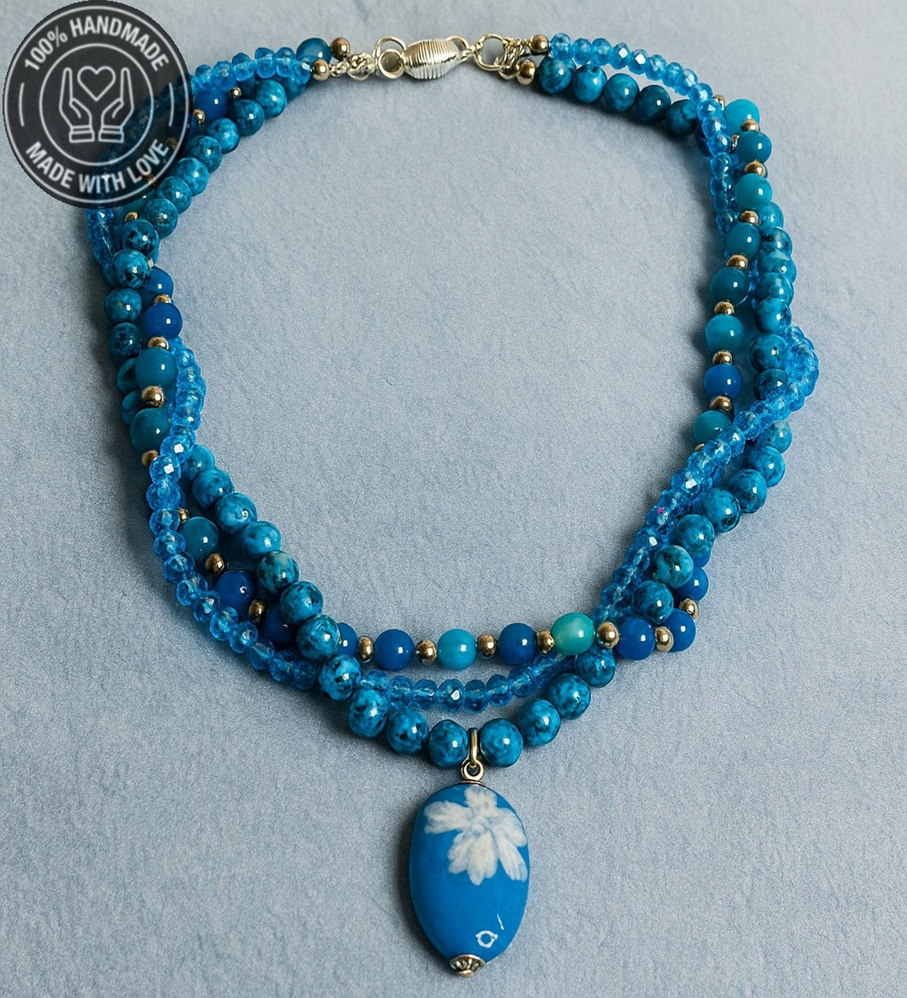 Mavi Akik Mavi Jasper Mavi Kristal Üç Sıralı Tutku, Nazardan Koruma Ve Enerji Kolyesi