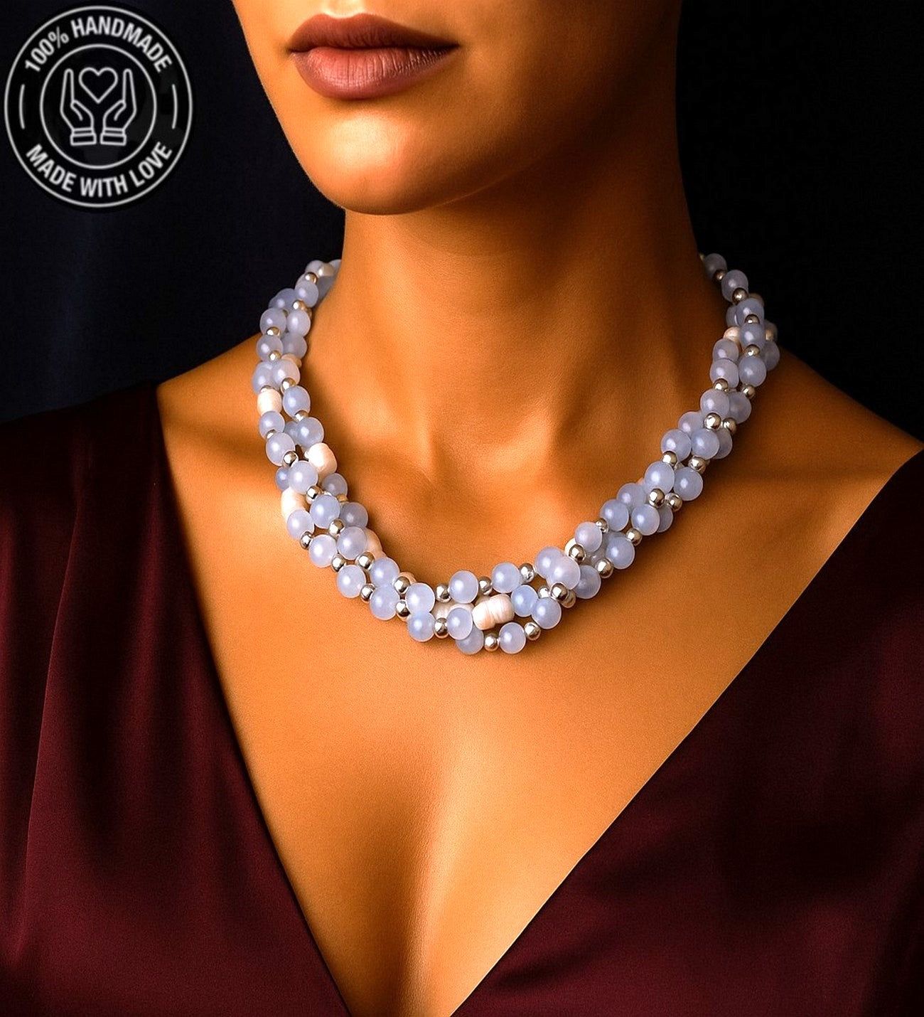 Mavi Kuvars Inci 3 Sıralı Iletişim, Zarafet Ve Huzur Kolyesi