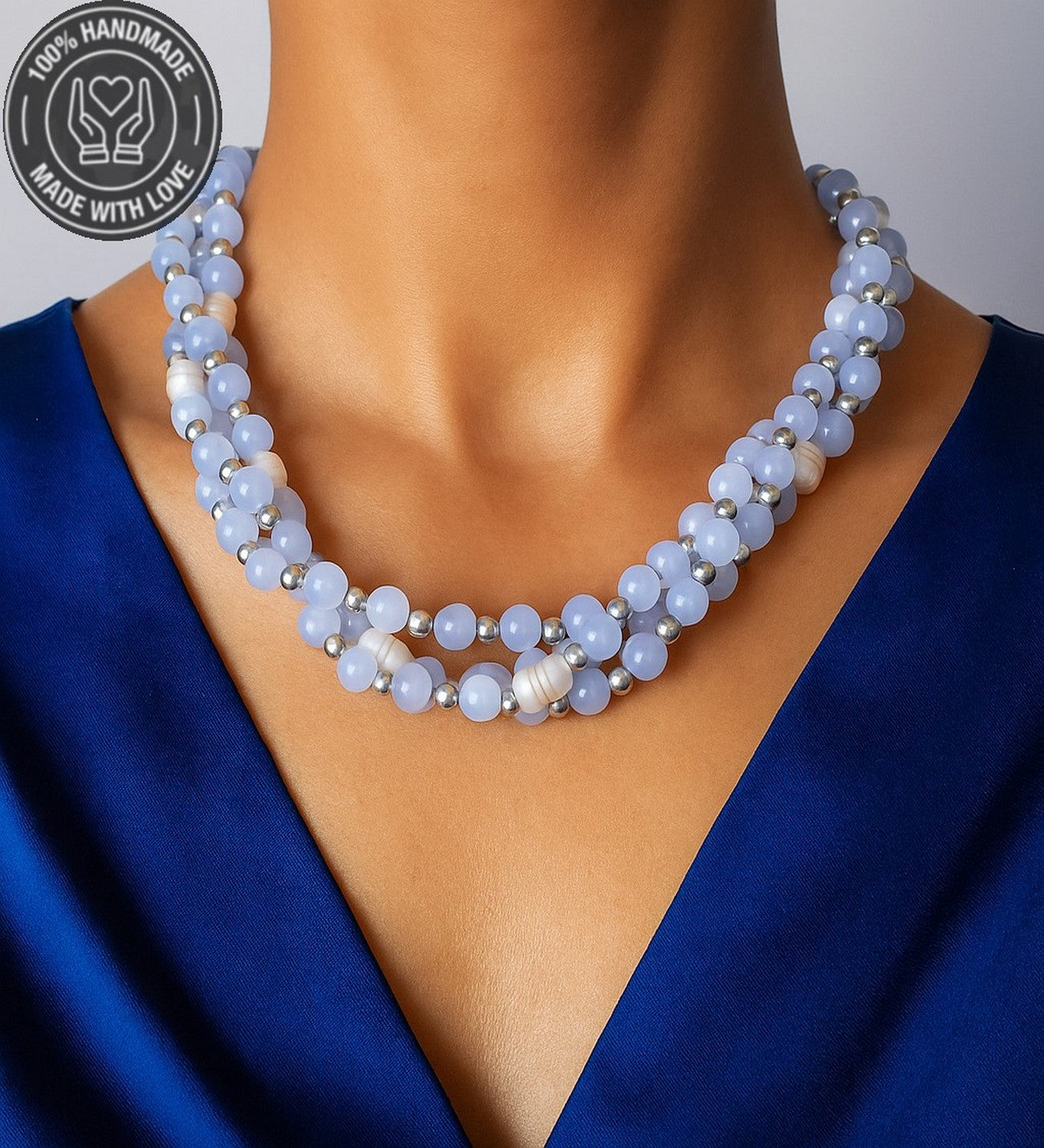 Mavi Kuvars Inci 3 Sıralı Iletişim, Zarafet Ve Huzur Kolyesi