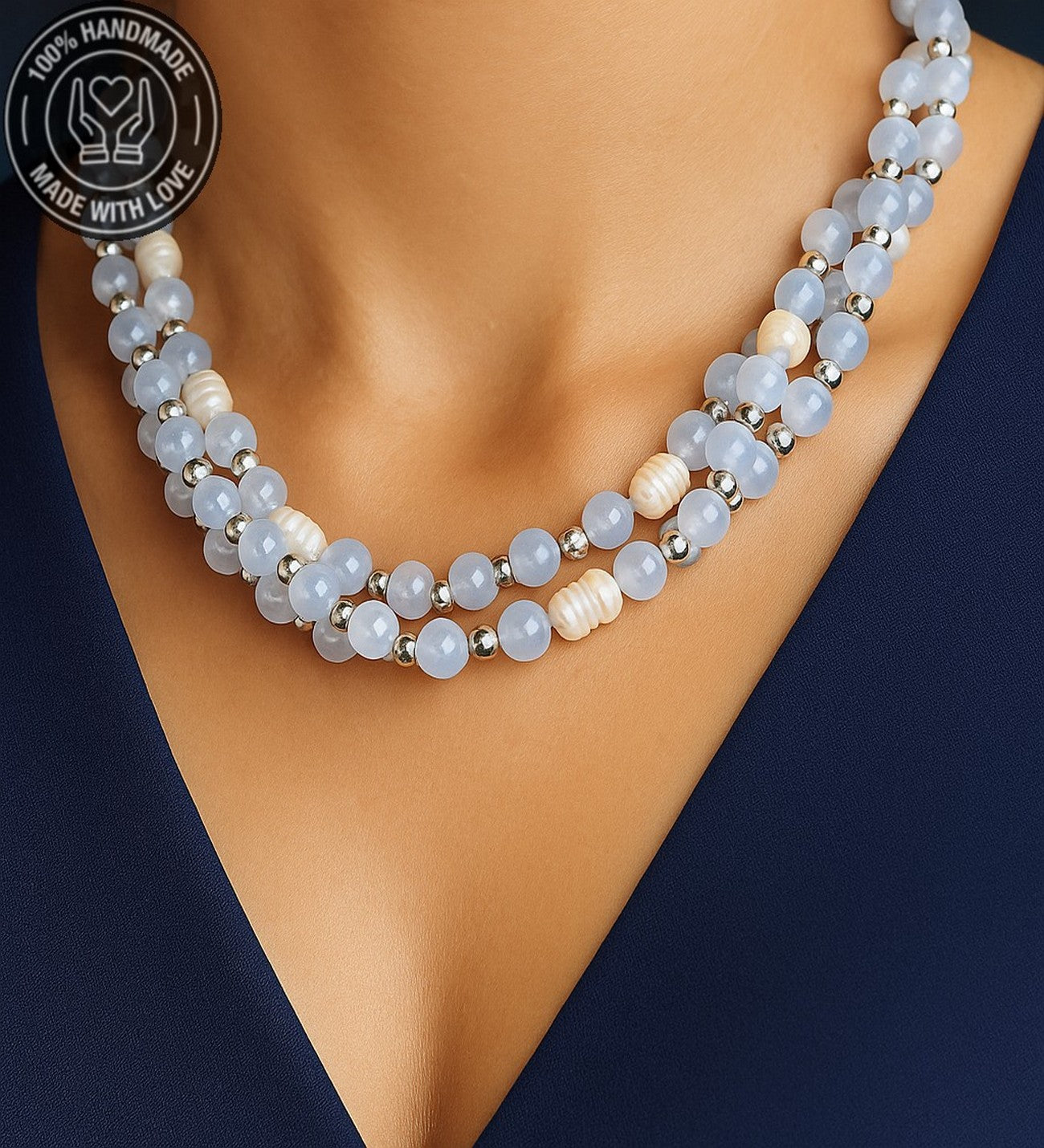 Mavi Kuvars Inci 3 Sıralı Iletişim, Zarafet Ve Huzur Kolyesi