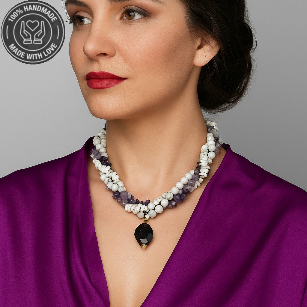 Ametist Havlit Üç Sıralı Huzur Bilgelik Kolyesi