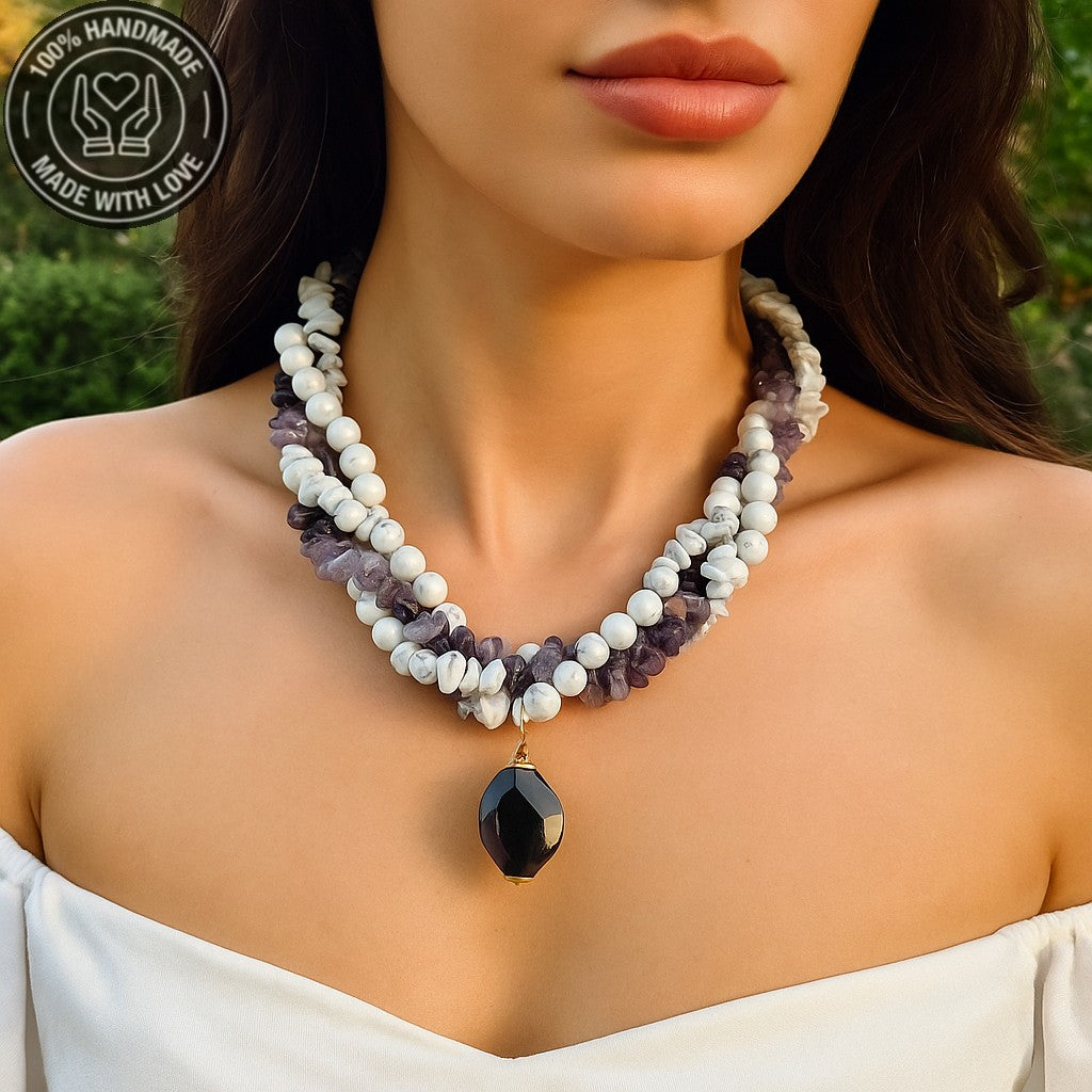 Ametist Havlit Üç Sıralı Huzur Bilgelik Kolyesi