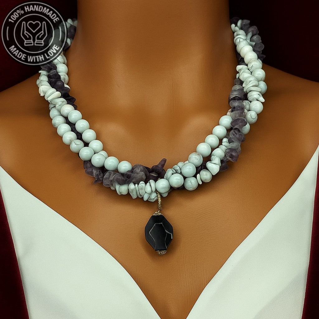 Ametist Havlit Üç Sıralı Huzur Bilgelik Kolyesi