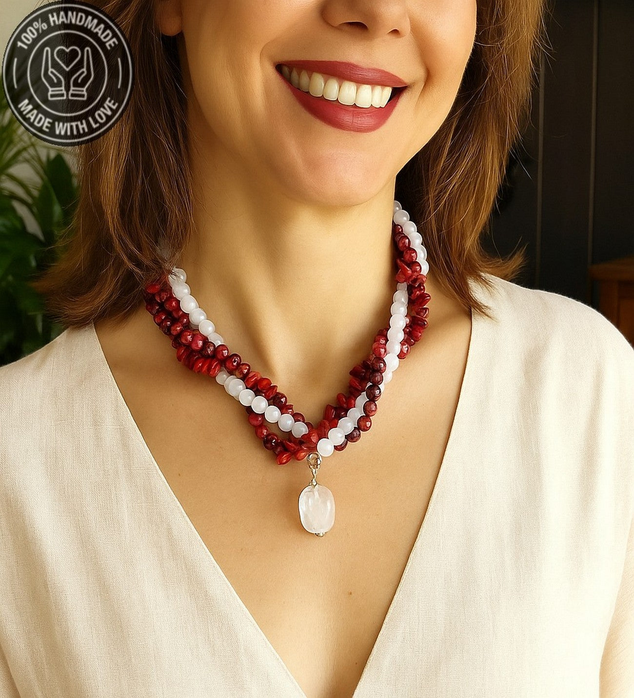 Mercan Jasper Dumanlı Akik Üç Sıralı Tutku, Canlılık Ve Nazardan Koruma Kolyesi