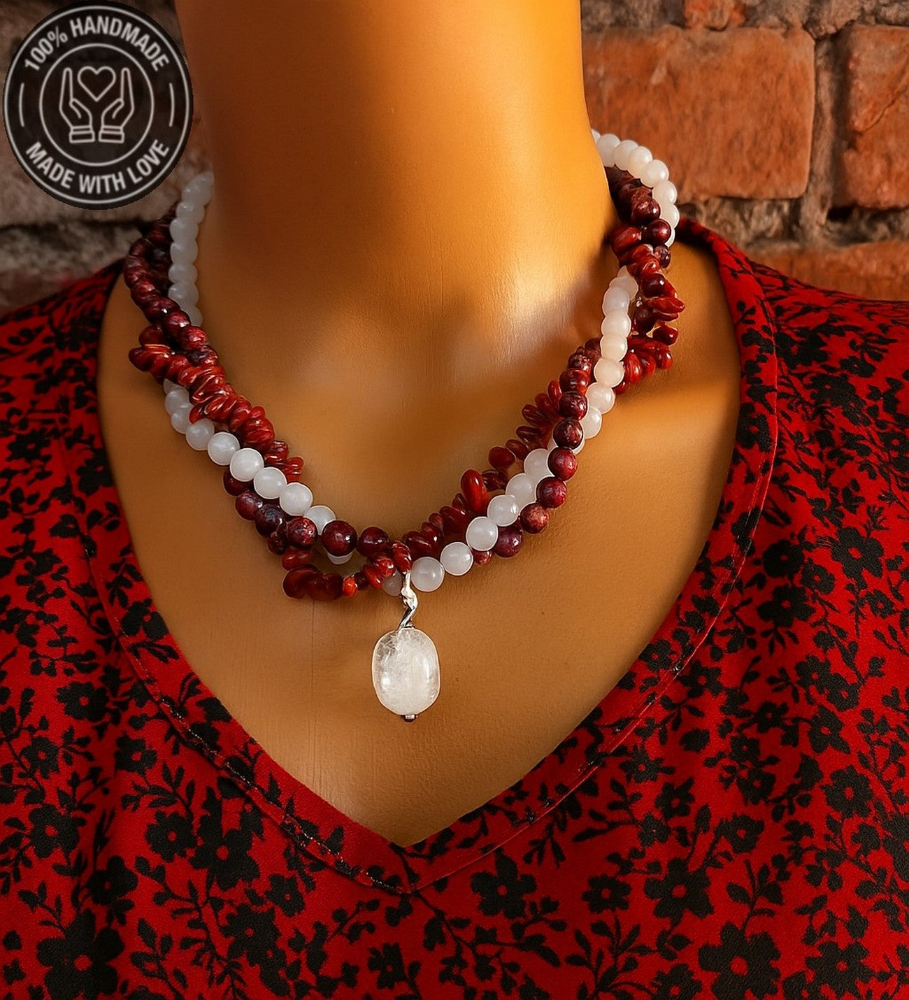 Mercan Jasper Dumanlı Akik Üç Sıralı Tutku, Canlılık Ve Nazardan Koruma Kolyesi