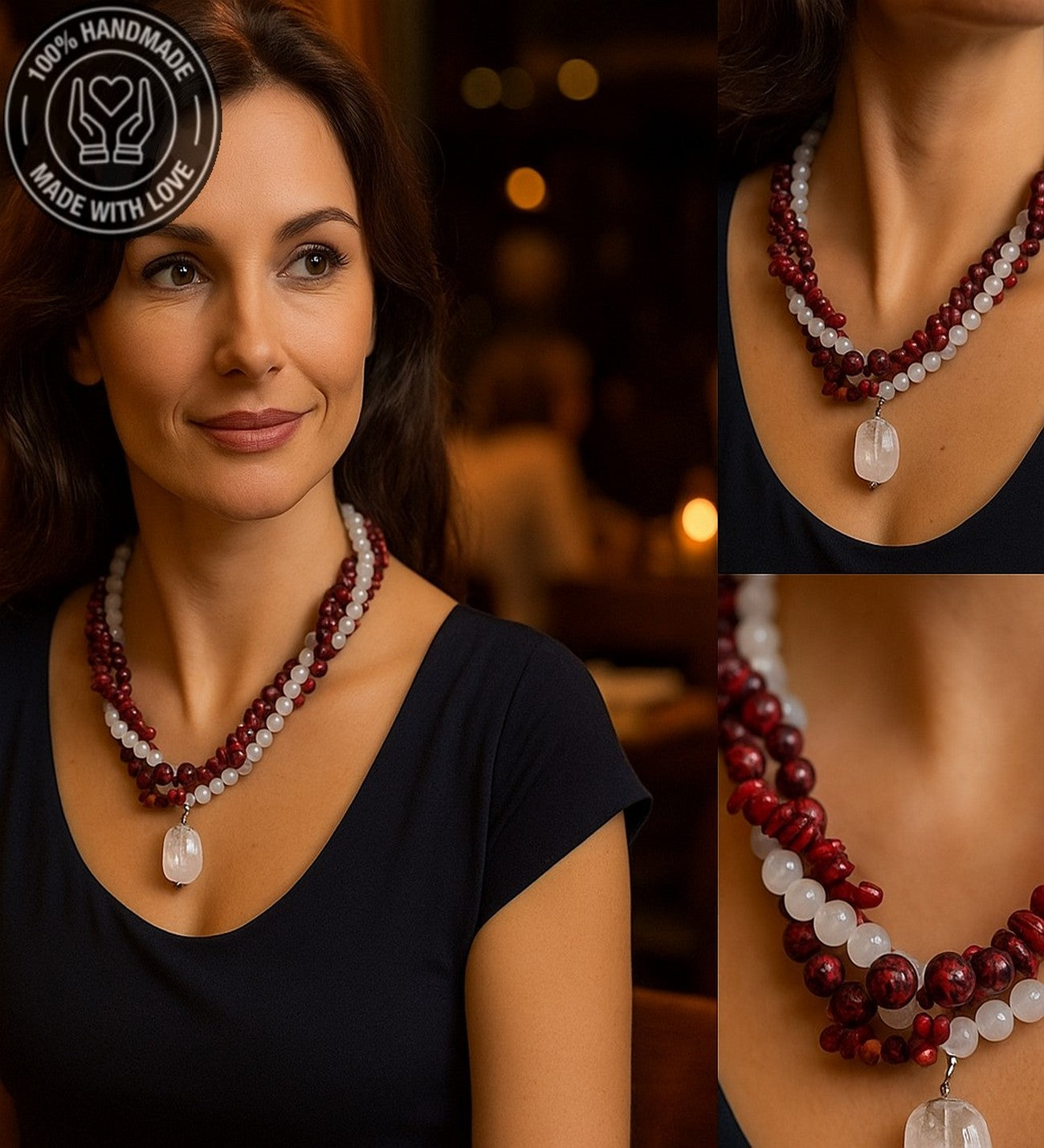 Mercan Jasper Dumanlı Akik Üç Sıralı Tutku, Canlılık Ve Nazardan Koruma Kolyesi