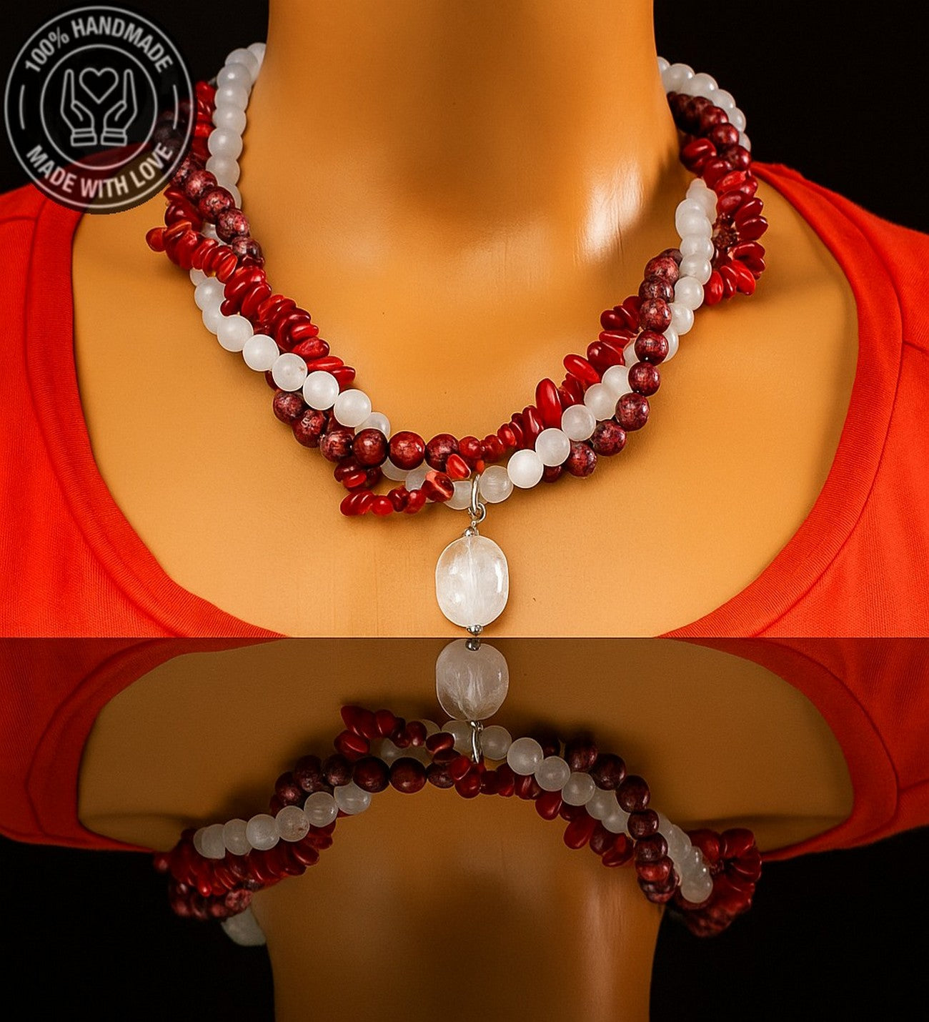 Mercan Jasper Dumanlı Akik Üç Sıralı Tutku, Canlılık Ve Nazardan Koruma Kolyesi