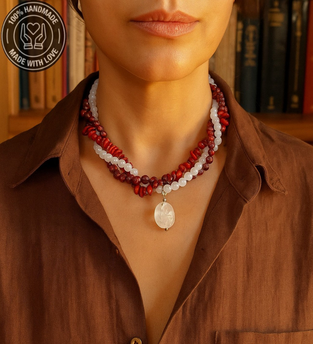 Mercan Jasper Dumanlı Akik Üç Sıralı Tutku, Canlılık Ve Nazardan Koruma Kolyesi