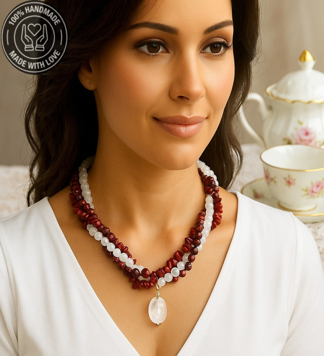 Mercan Jasper Dumanlı Akik Üç Sıralı Tutku, Canlılık Ve Nazardan Koruma Kolyesi