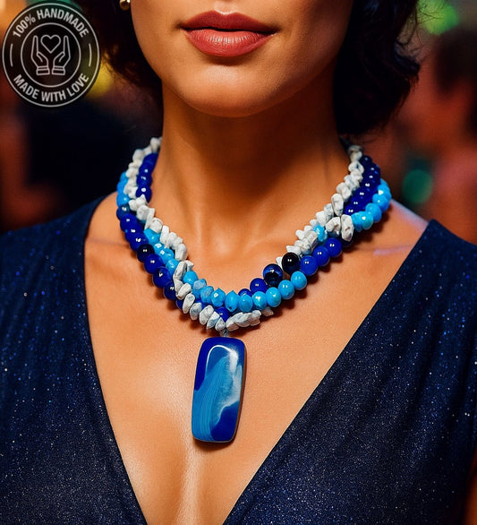 Lacivert Akik Havlit Kristal 3 Sıralı Nazardan Korunma Ve Huzur Için Kolye