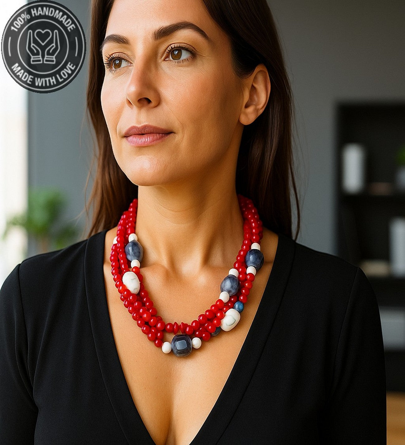 Mercan Sodalit Havlit 3 Sıralı Cesaret Tutku Ve Nazardan Korunma Kolyesi