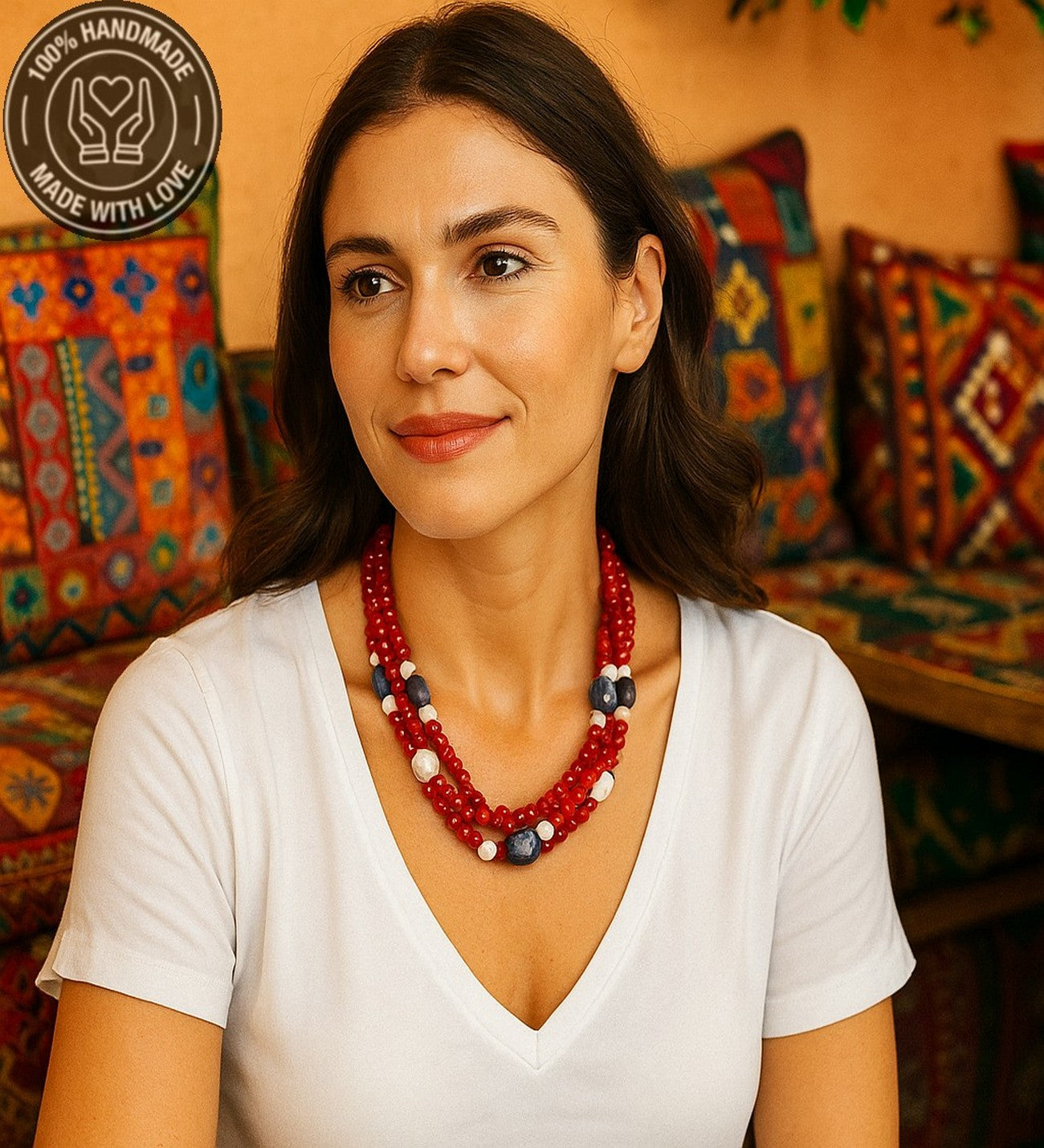 Mercan Sodalit Havlit 3 Sıralı Cesaret Tutku Ve Nazardan Korunma Kolyesi