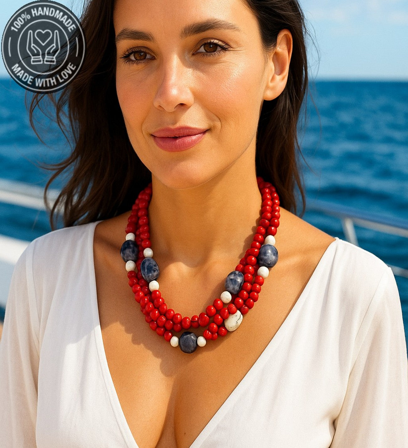 Mercan Sodalit Havlit 3 Sıralı Cesaret Tutku Ve Nazardan Korunma Kolyesi