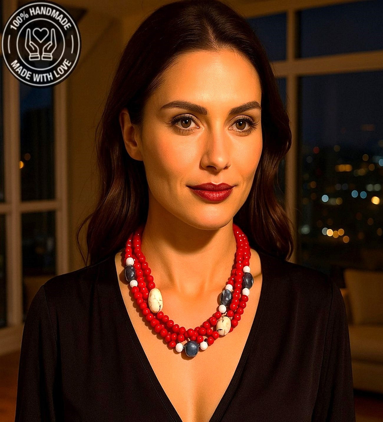 Mercan Sodalit Havlit 3 Sıralı Cesaret Tutku Ve Nazardan Korunma Kolyesi