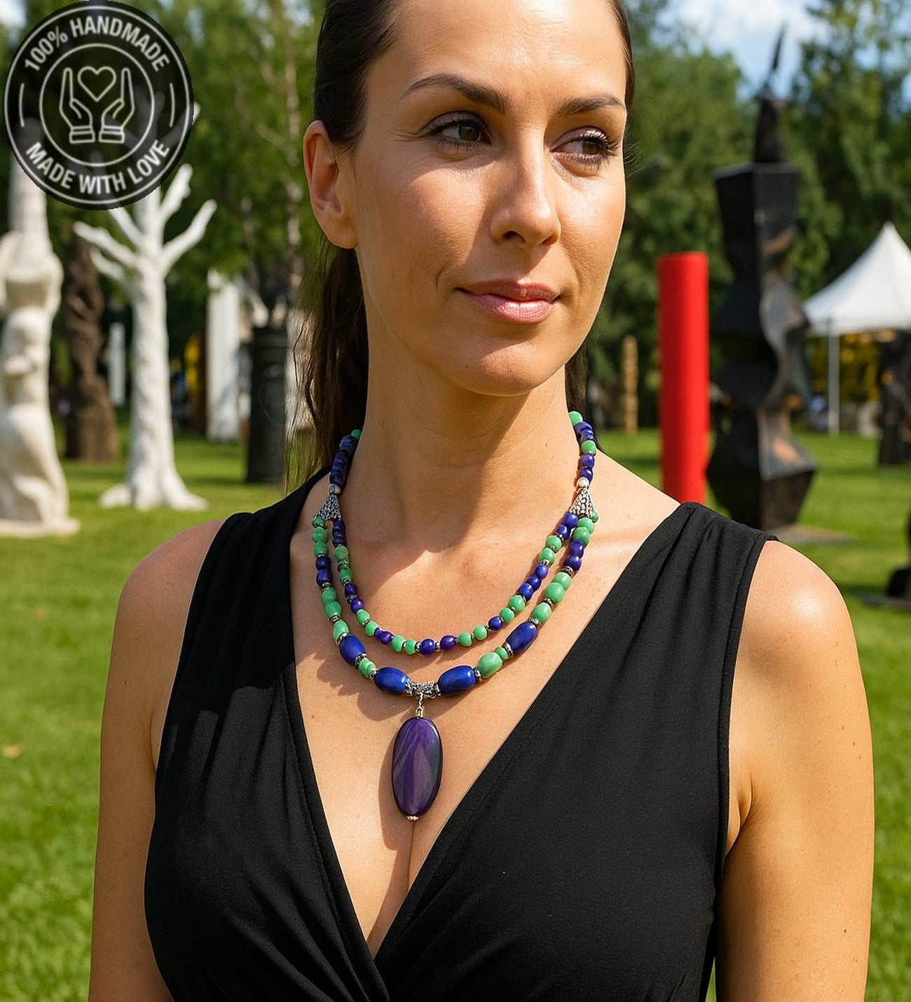 Mor Yeşil Ceyt Iki Sıralı Ruhsal Denge Cesaret Ve Negatif Enerji Kalkanı Kolye