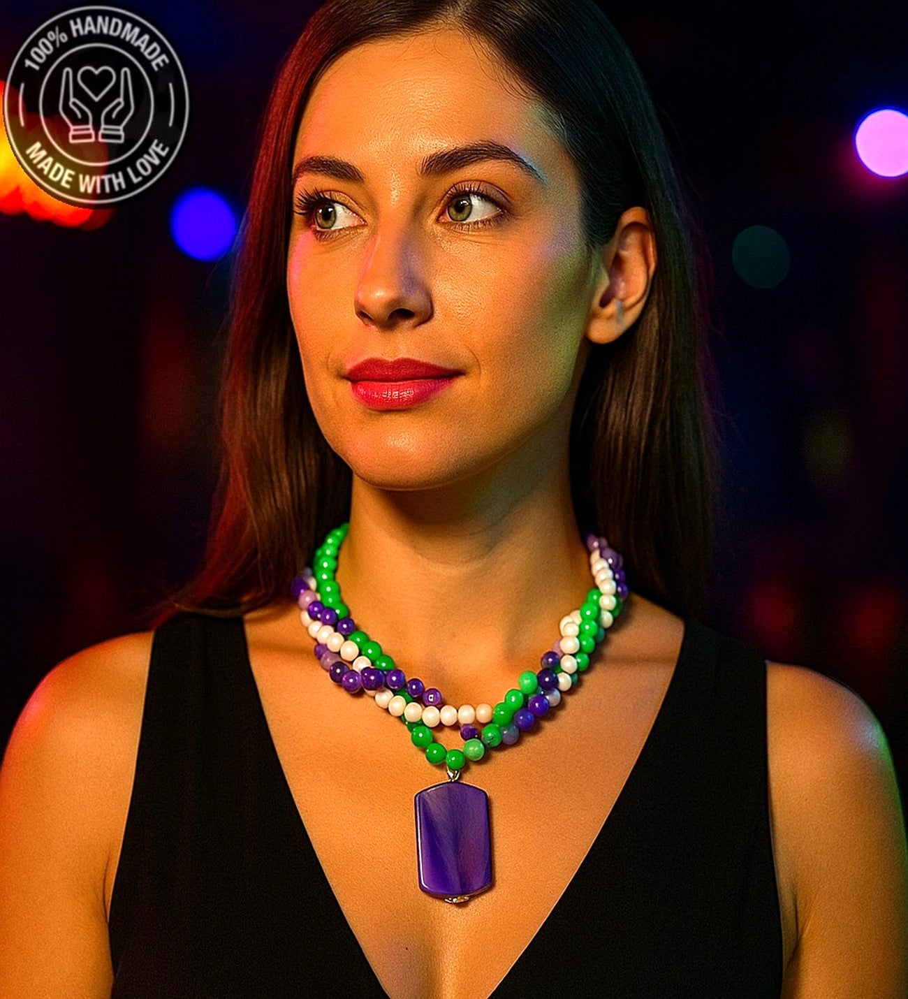 Mor Akik Yeşil Ceyt Beyaz Kristal 3 Sıralı Kolye