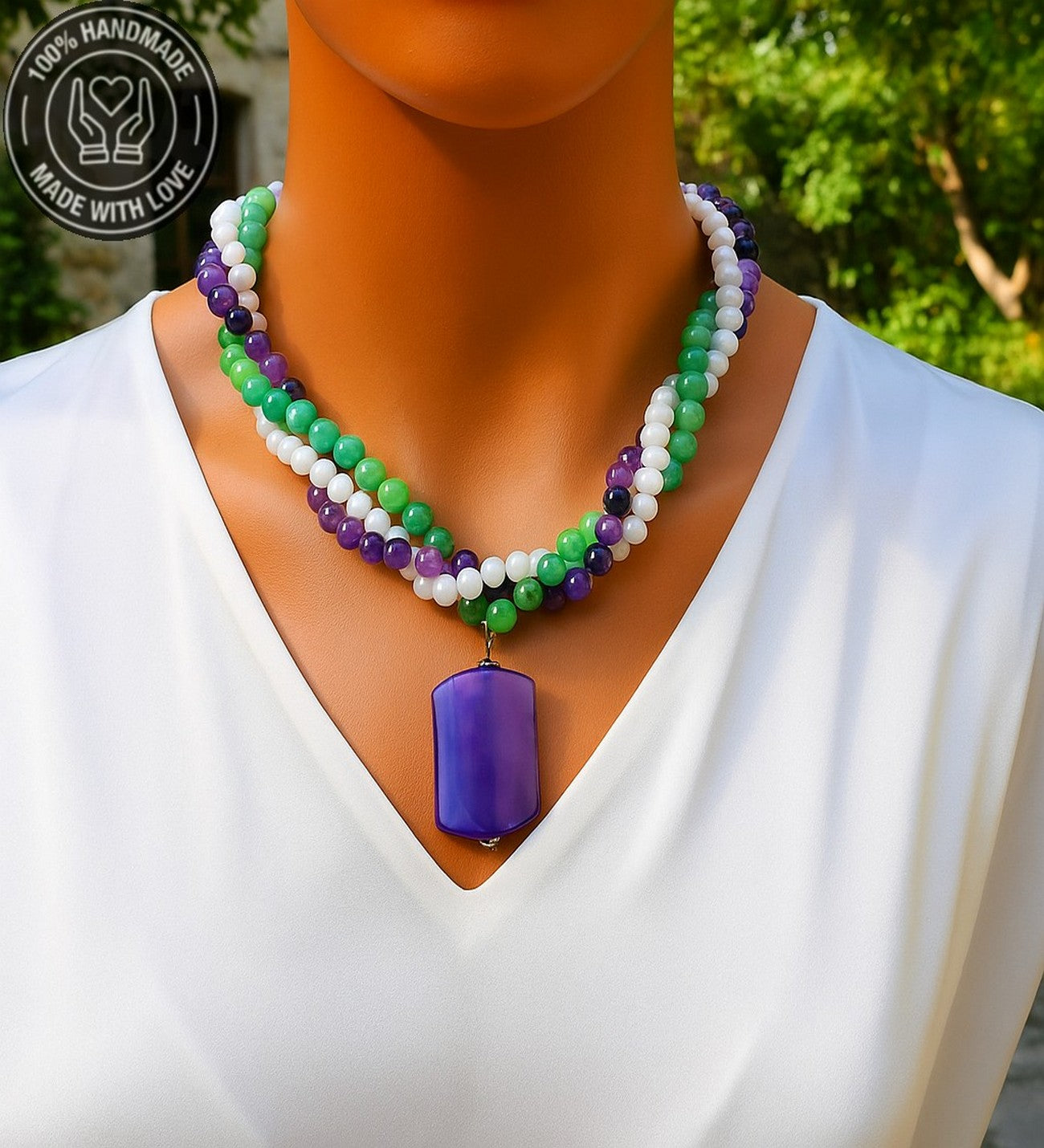 Mor Akik Yeşil Ceyt Beyaz Kristal 3 Sıralı Kolye