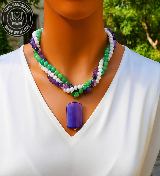 Mor Akik Yeşil Ceyt Beyaz Kristal 3 Sıralı Kolye