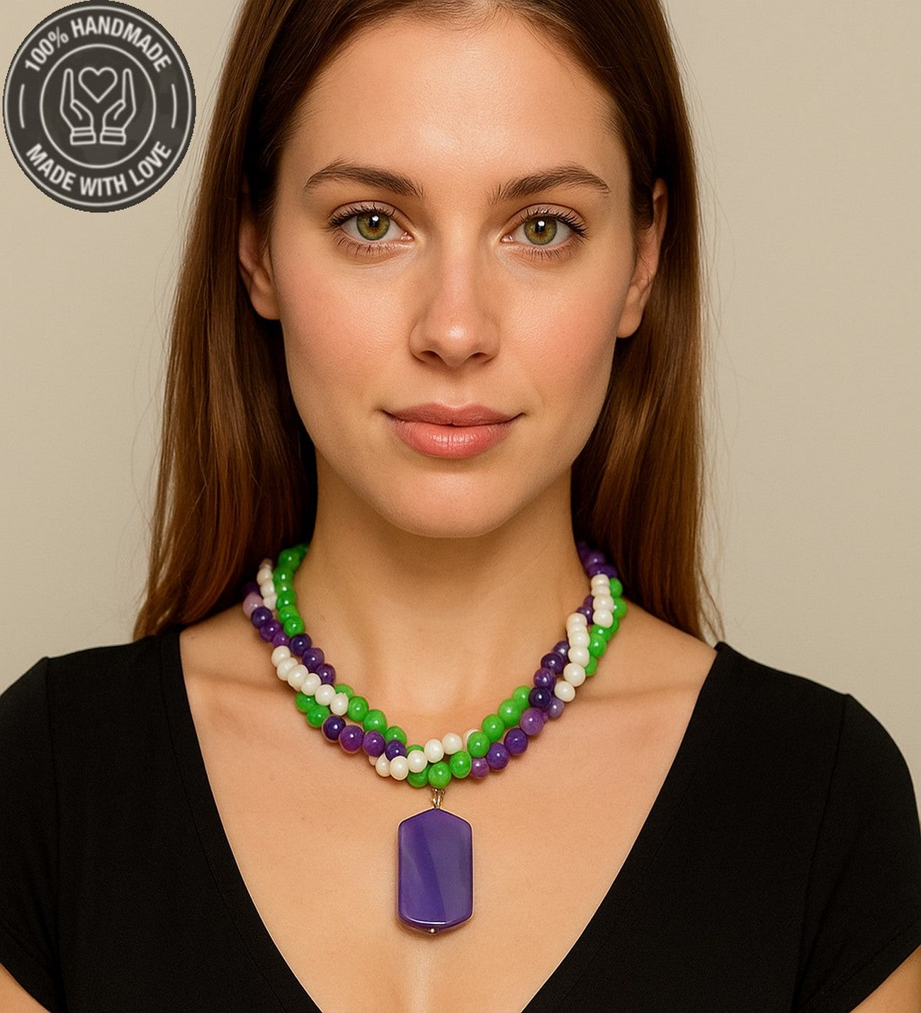 Mor Akik Yeşil Ceyt Beyaz Kristal 3 Sıralı Kolye