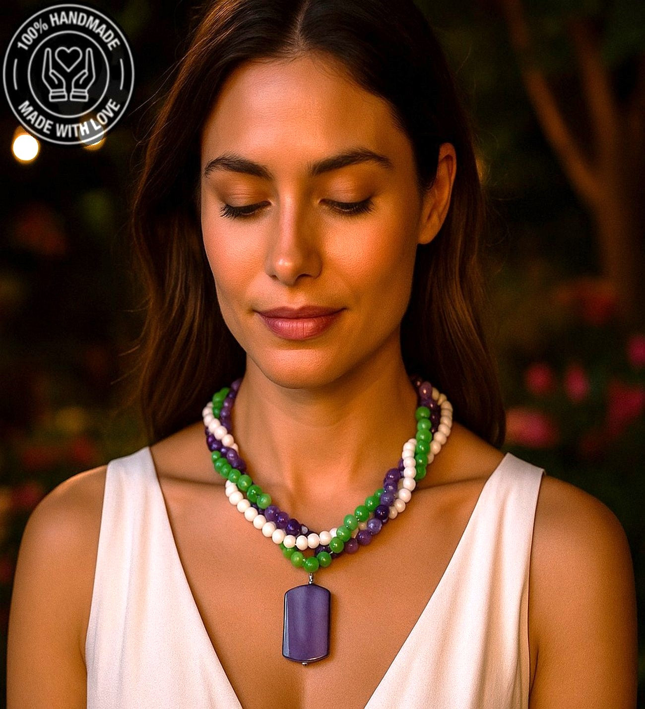 Mor Akik Yeşil Ceyt Beyaz Kristal 3 Sıralı Kolye