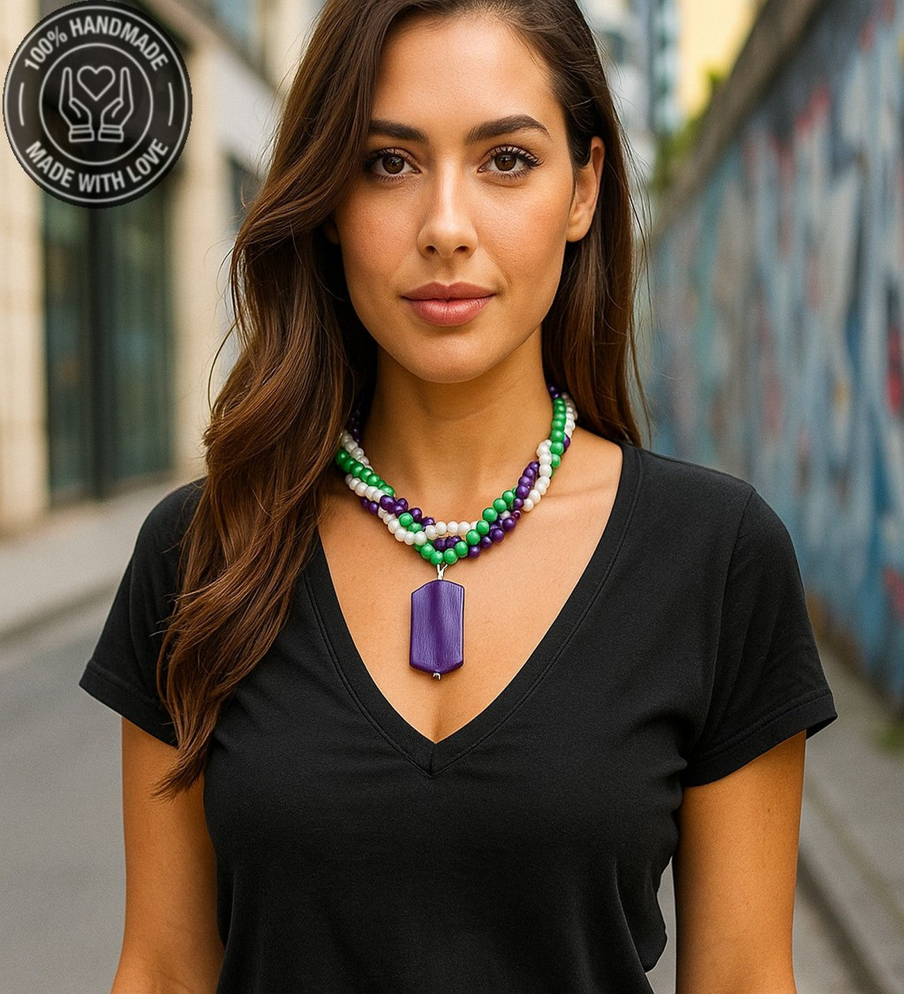 Mor Akik Yeşil Ceyt Beyaz Kristal 3 Sıralı Kolye