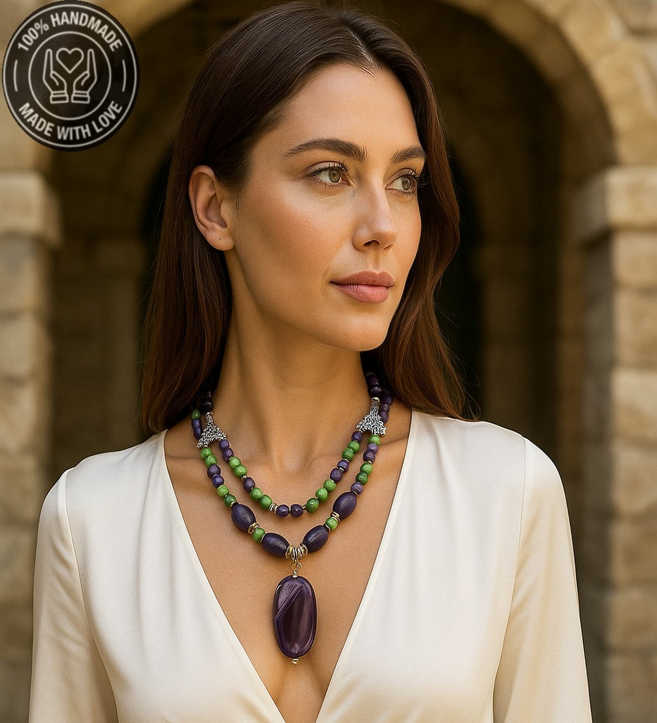 Mor Yeşil Ceyt Iki Sıralı Ruhsal Denge Cesaret Ve Negatif Enerji Kalkanı Kolye