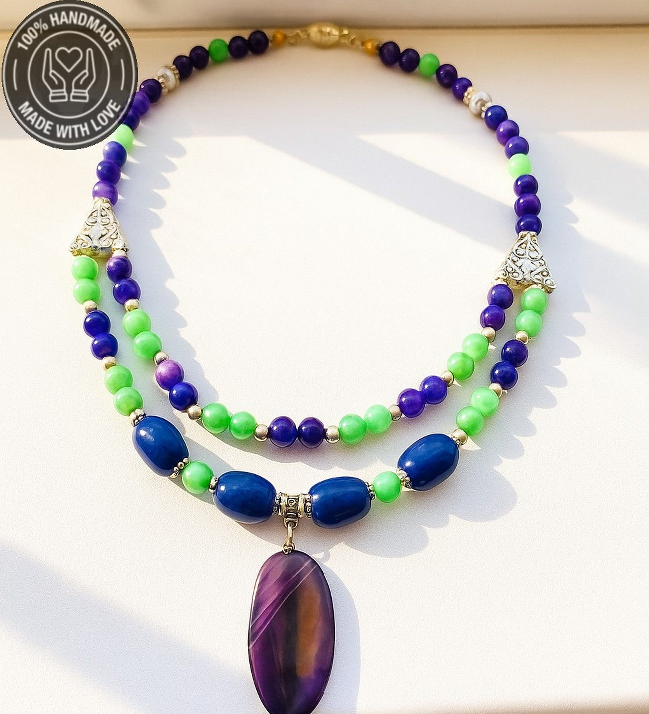 Mor Yeşil Ceyt Iki Sıralı Ruhsal Denge Cesaret Ve Negatif Enerji Kalkanı Kolye