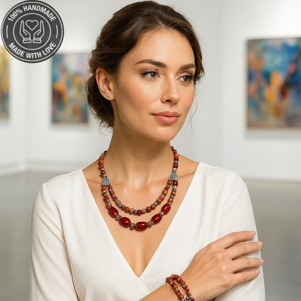 Stres Azaltıcı Ve Denge İçin İmparator Jasper Bordo Havlit Kolye Bileklik Seti