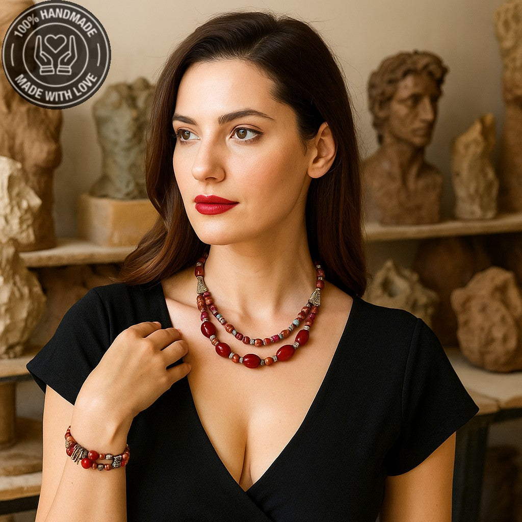 Stres Azaltıcı Ve Denge İçin İmparator Jasper Bordo Havlit Kolye Bileklik Seti