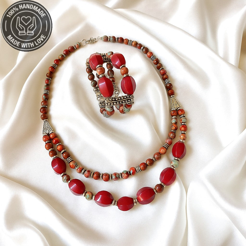 Stres Azaltıcı Ve Denge İçin İmparator Jasper Bordo Havlit Kolye Bileklik Seti