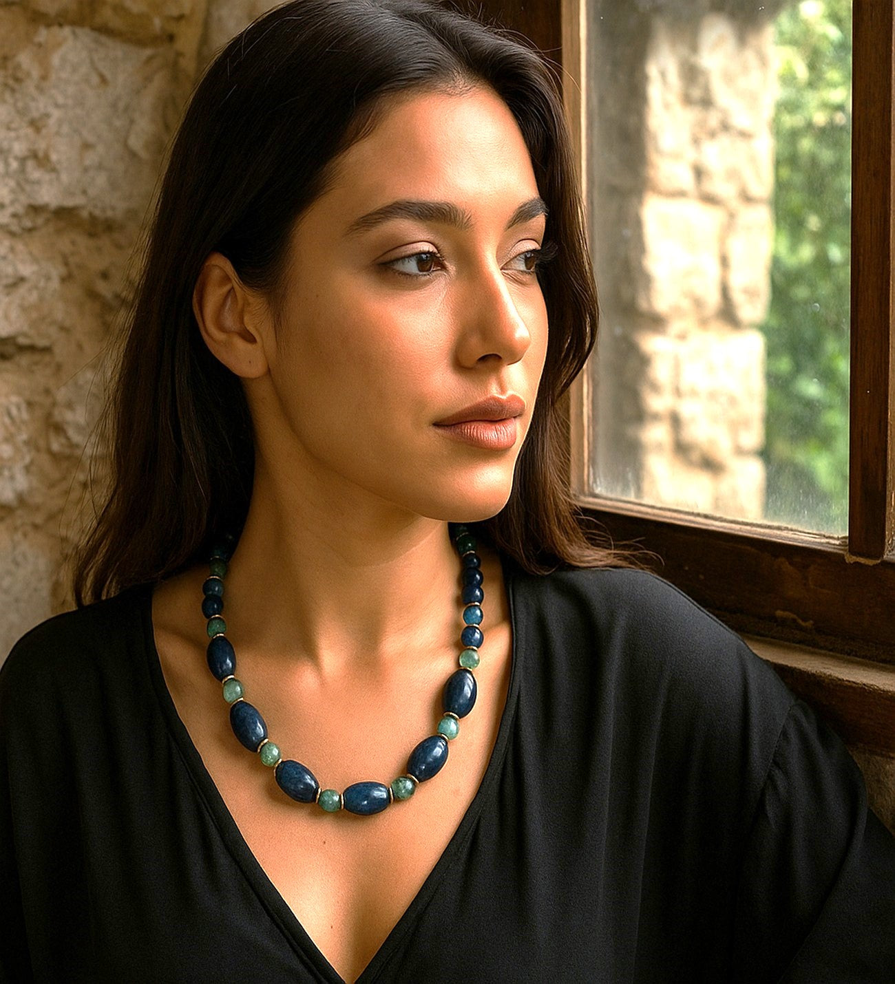 Bilgelik Ve Nazardan Korunma İçin Lapis Lazuli Yeşil Akik Kadın Kolye