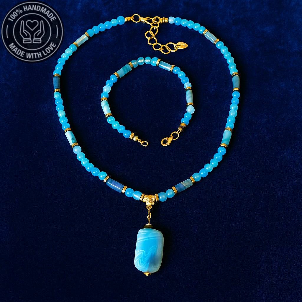 Huzur, Nazar Koruması Ve İletişim Gücü İçin Mavi Akik Kolye Bileklik Seti