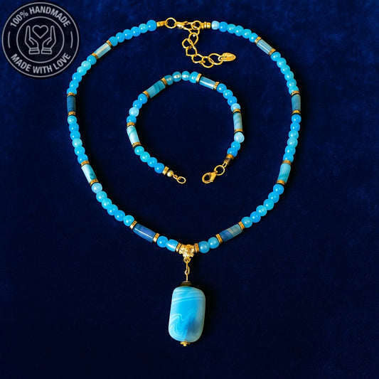 Huzur, Nazar Koruması Ve İletişim Gücü İçin Mavi Akik Kolye Bileklik Seti