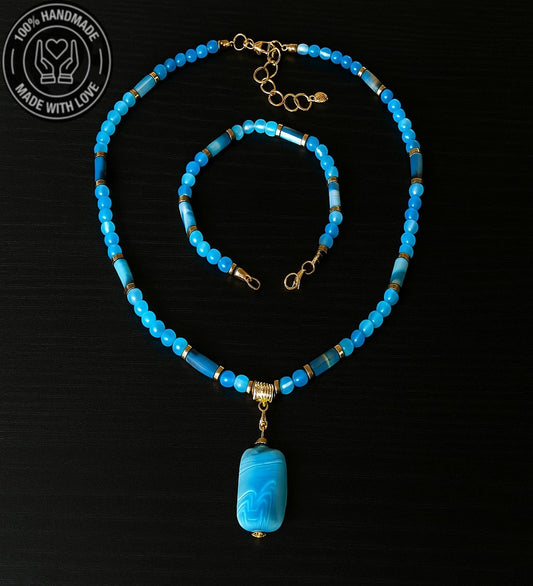 Huzur, Nazar Koruması Ve İletişim Gücü İçin Mavi Akik Kolye Bileklik Seti