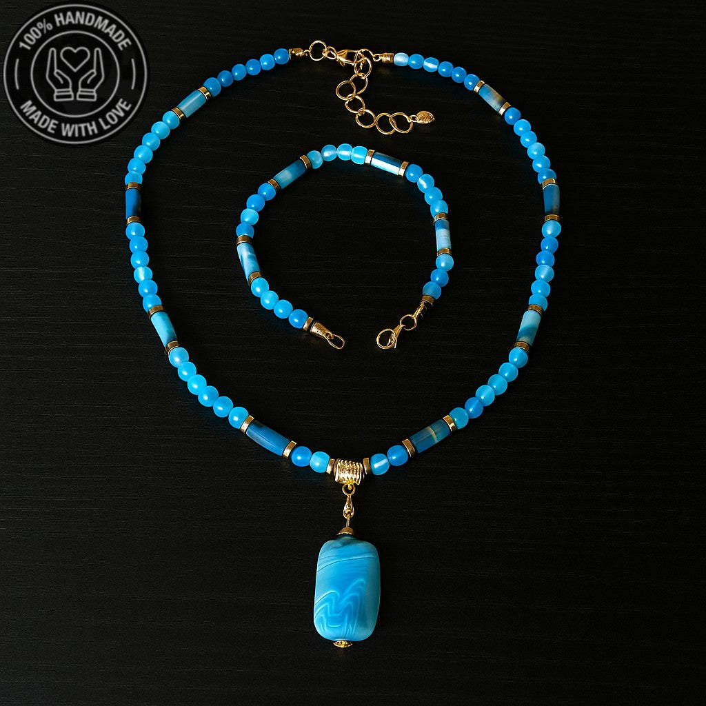 Huzur, Nazar Koruması Ve İletişim Gücü İçin Mavi Akik Kolye Bileklik Seti